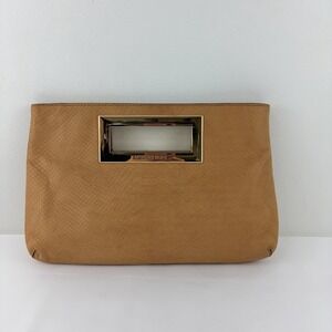 Michael Kors Tan Snakeskin Embossed Leather Clutch Gold Frame